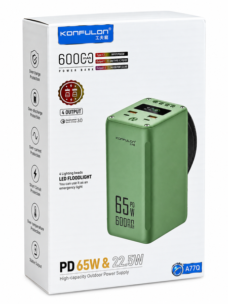 Повербанк Konfulon A28Q 60000 mAh | 6xUSB, Type-C, QC/PD, 22.5W, з ліхтарем, Black konfulon-a28q-60000 фото