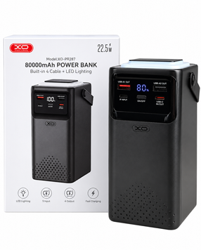 Повербанк XO PR287 80000 mAh | 2xUSB, 2xType-C, з кабелями, PD/QC, 22.5W, з ліхтарем, чорний xo-pr287-80000 фото