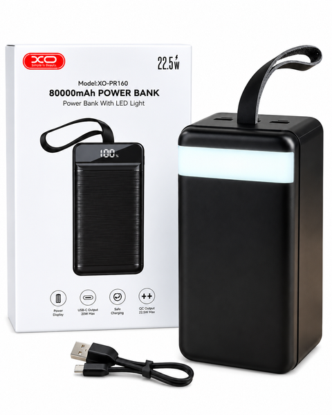 Повербанк XO PR160 80000 mAh | 3xUSB, Type-C, Micro-USB, Lightning, PD/QC, 22.5W, з ліхтарем, чорний xo-pr160-80000 фото